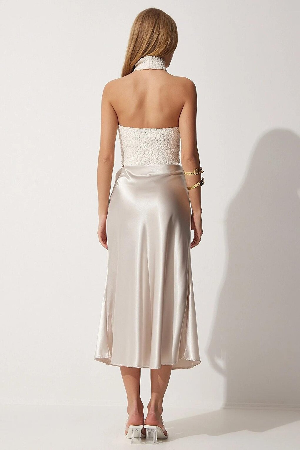 Women's Cream Ankle Length Satin Skirt