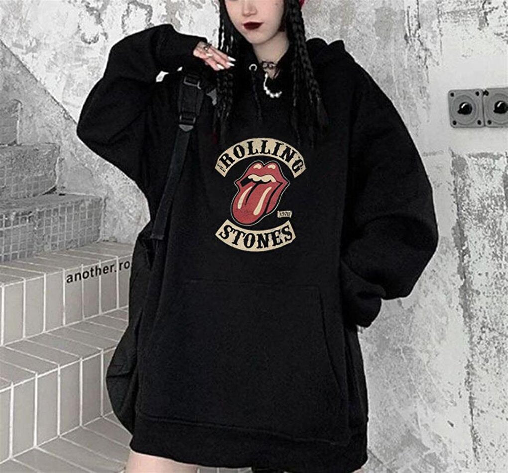 Rolling Stones Printed Black Unisex Oversize Hooded Sweatshirt