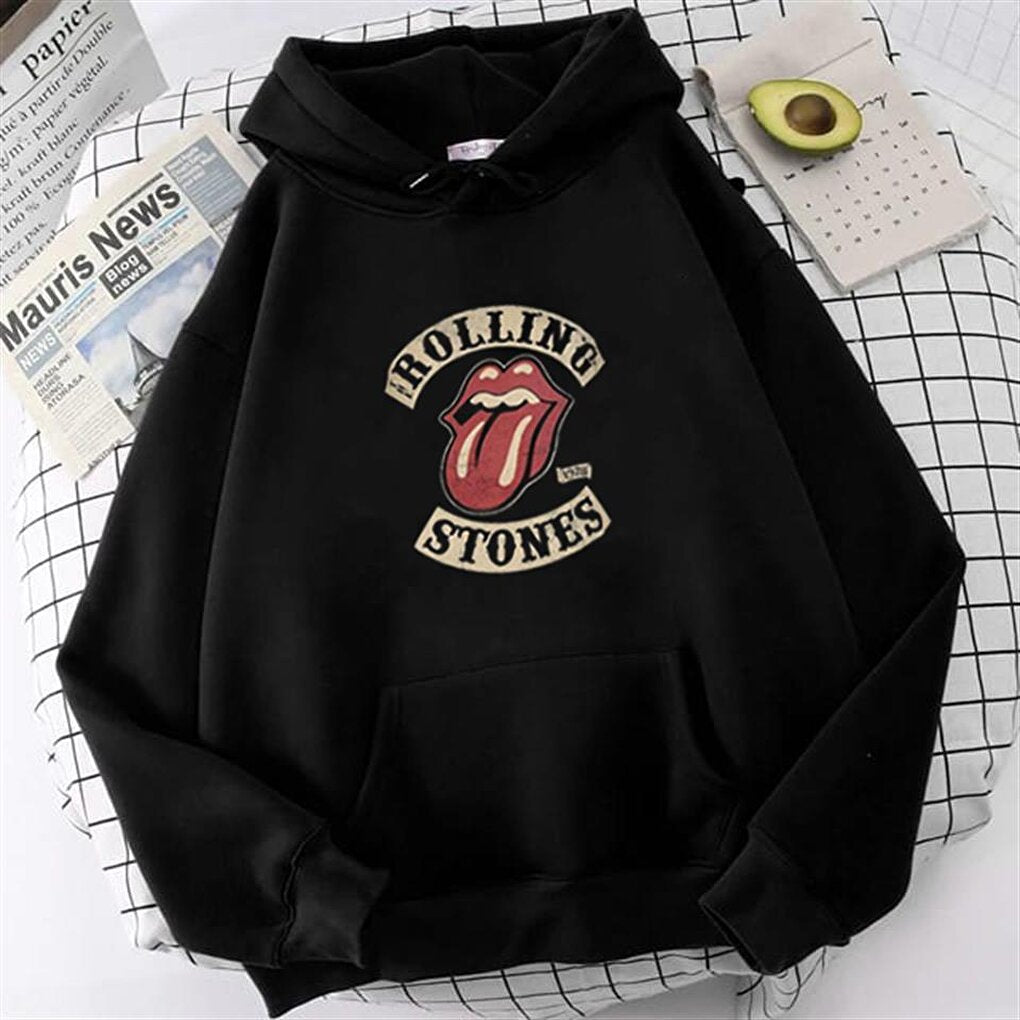 Rolling Stones Printed Black Unisex Oversize Hooded Sweatshirt