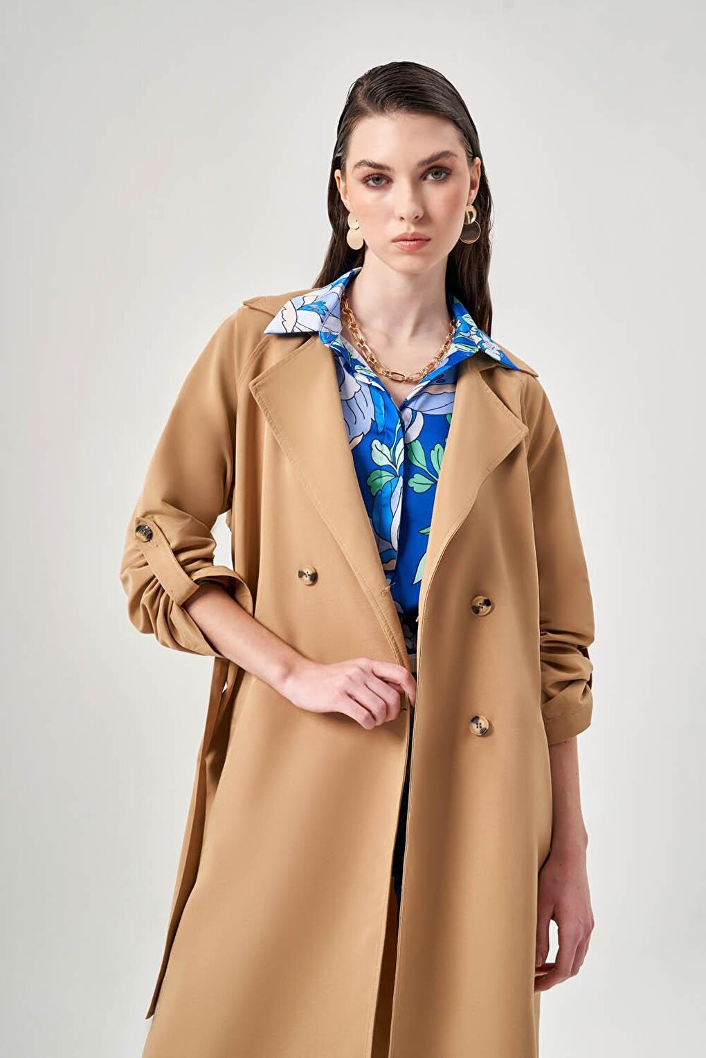 Classic Beige Trench Coat with Epaulettes on Sleeves