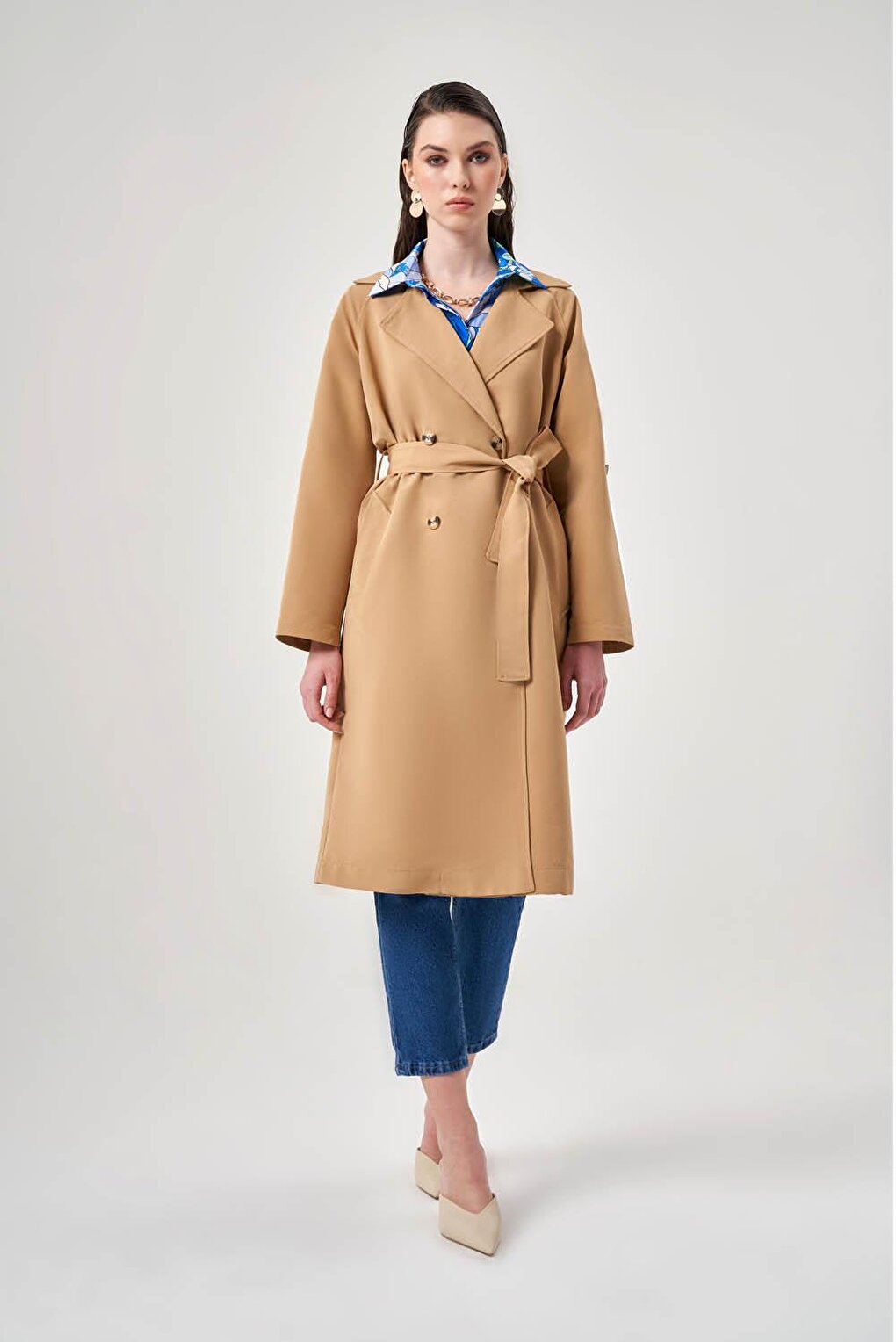 Classic Beige Trench Coat with Epaulettes on Sleeves