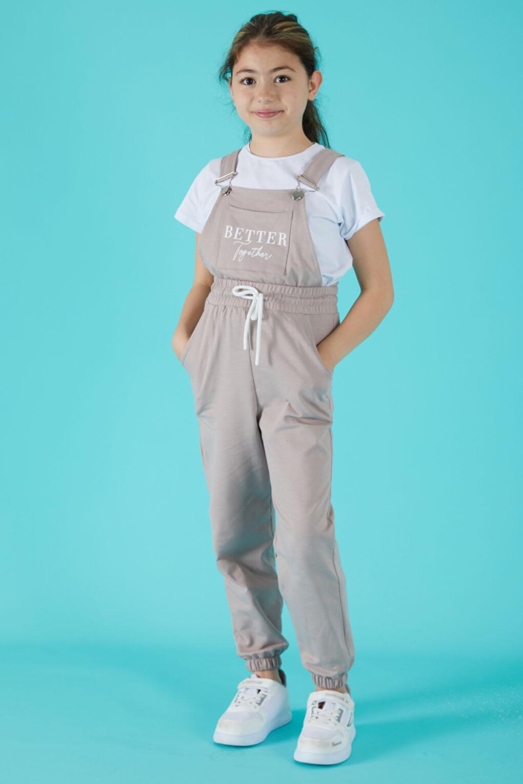 Cream Text Printed T-Shirt Girl's Jumpsuit 15682