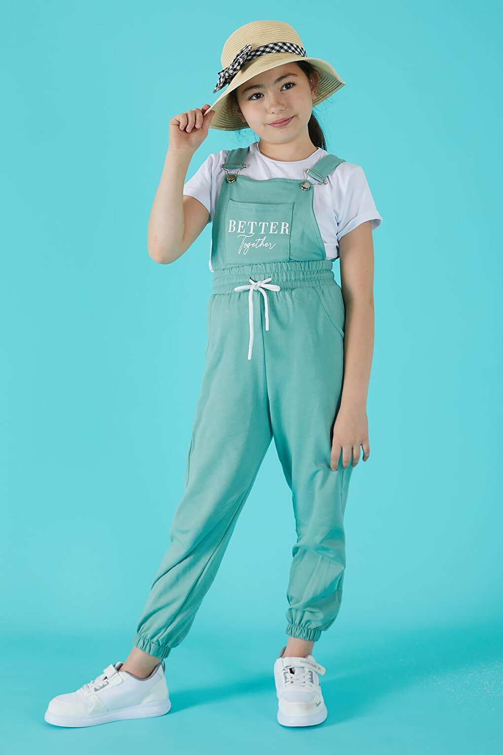 Green Text Printed T-Shirt Girl's Overalls 15683