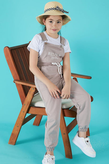 Cream Text Printed T-Shirt Girl's Jumpsuit 15682