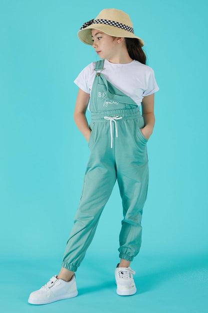 Green Text Printed T-Shirt Girl's Overalls 15683