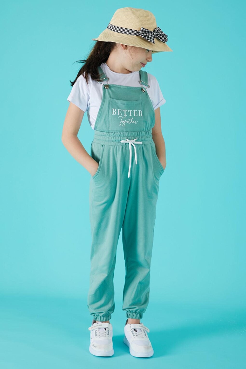 Green Text Printed T-Shirt Girl's Overalls 15683