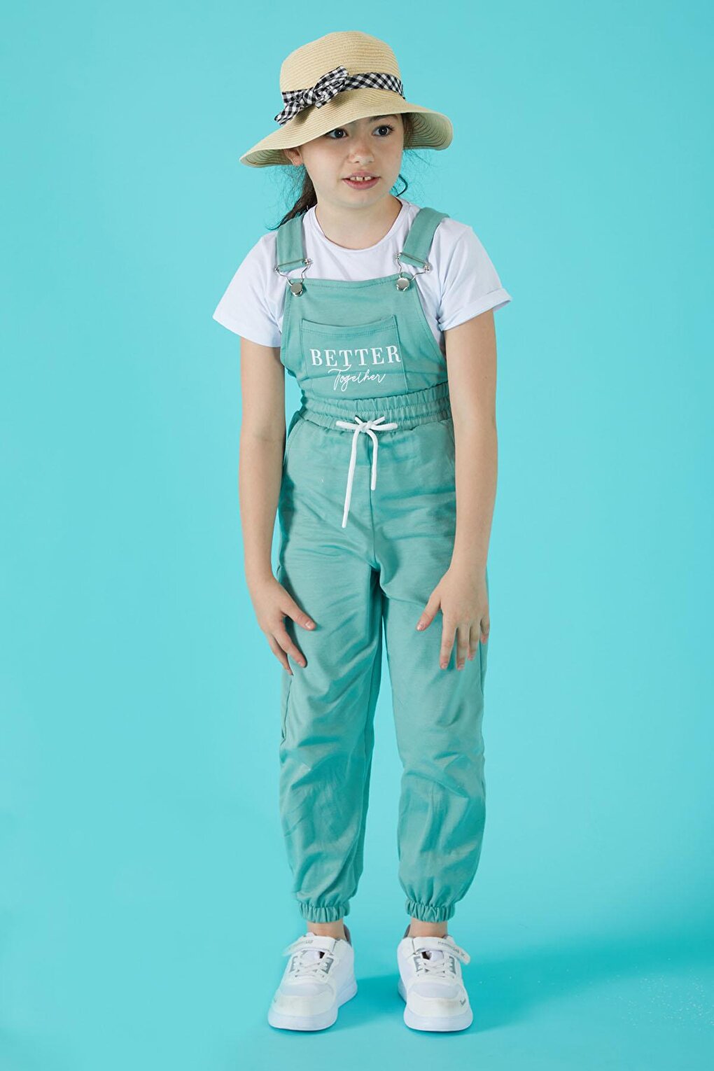 Green Text Printed T-Shirt Girl's Overalls 15683