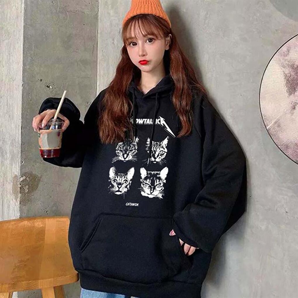 Meowtallica Printed Black Unisex Oversize Hooded Sweatshirt