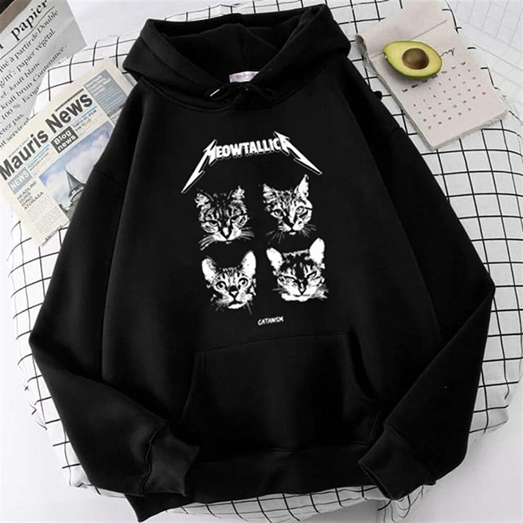 Meowtallica Printed Black Unisex Oversize Hooded Sweatshirt