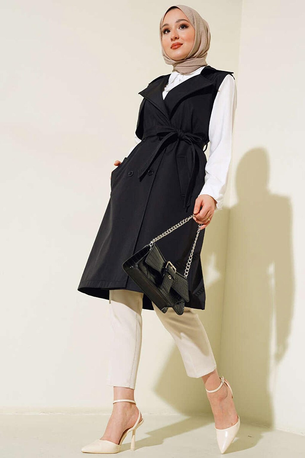 5911 Double Breasted Collar Trench Coat Vest - Black