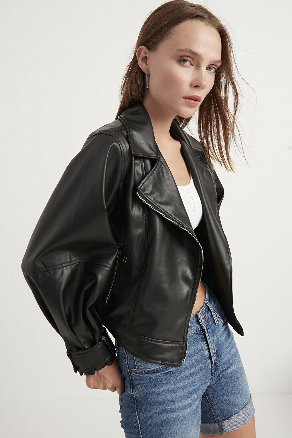 Women's Balloon Sleeve Leather Jacket