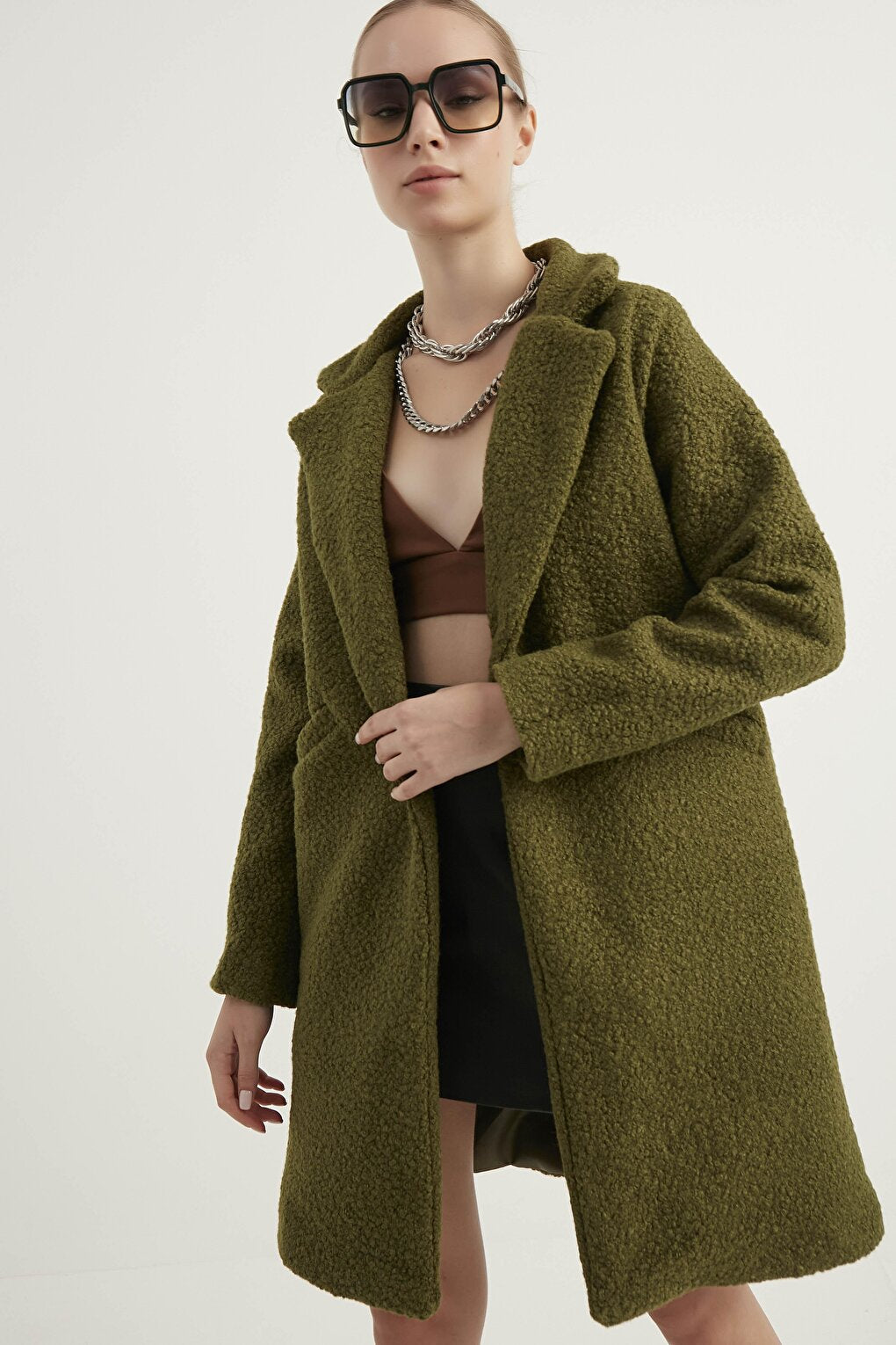 Women's Khaki Boucle Coat