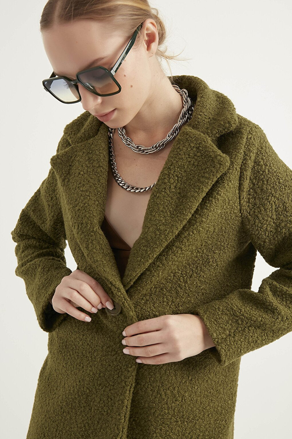 Women's Khaki Boucle Coat