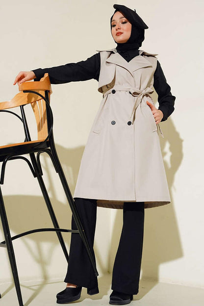 5911 Double Breasted Collar Trench Coat Vest - Beige