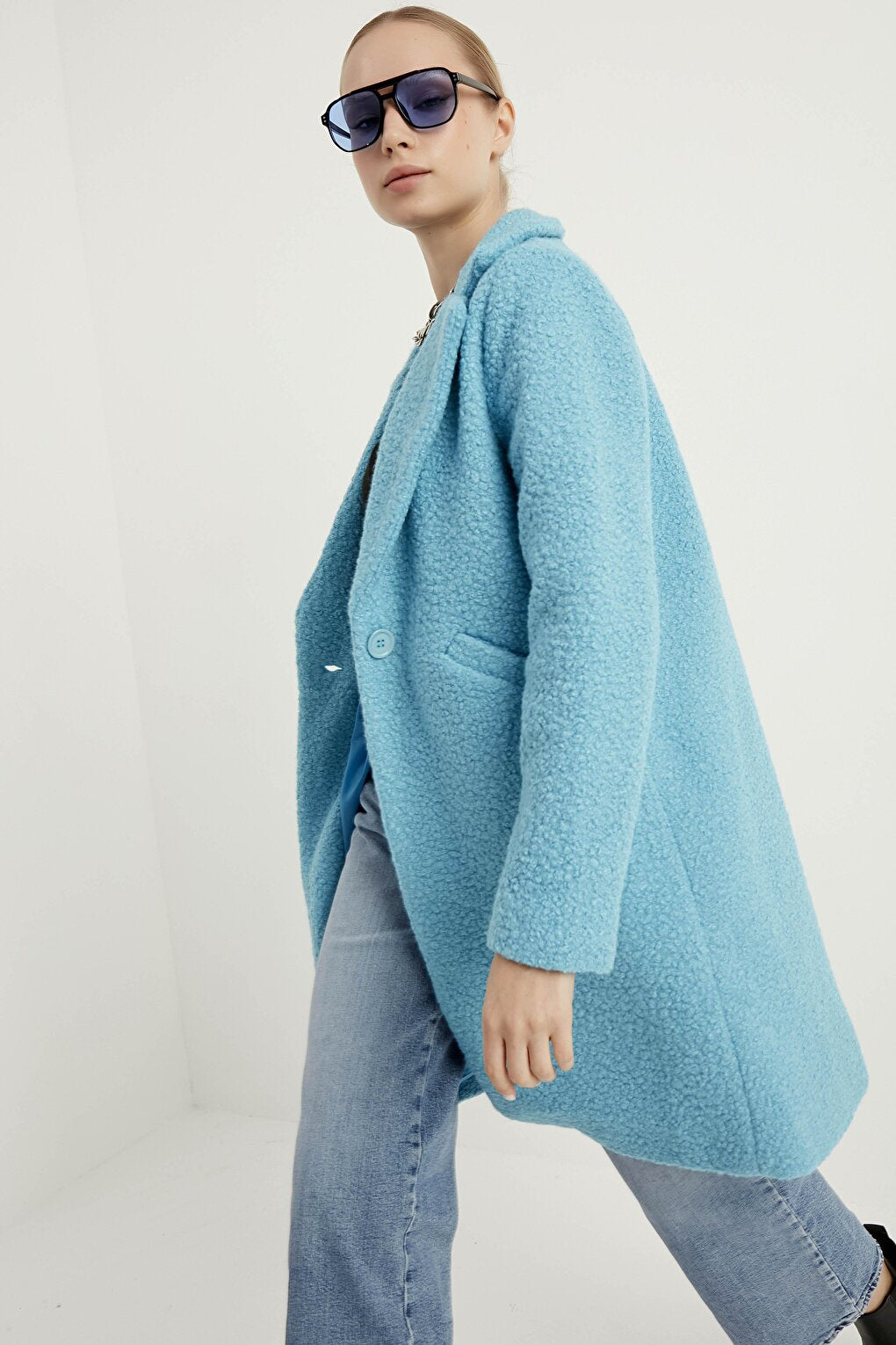 Women's Baby Blue Boucle Coat