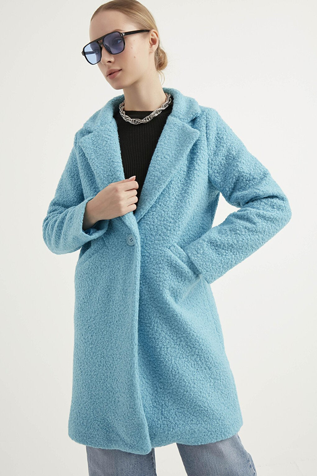 Women's Baby Blue Boucle Coat