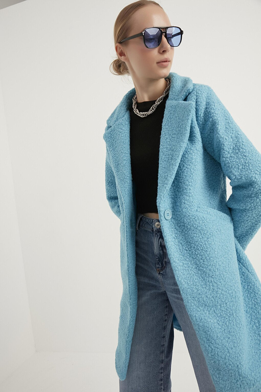 Women's Baby Blue Boucle Coat