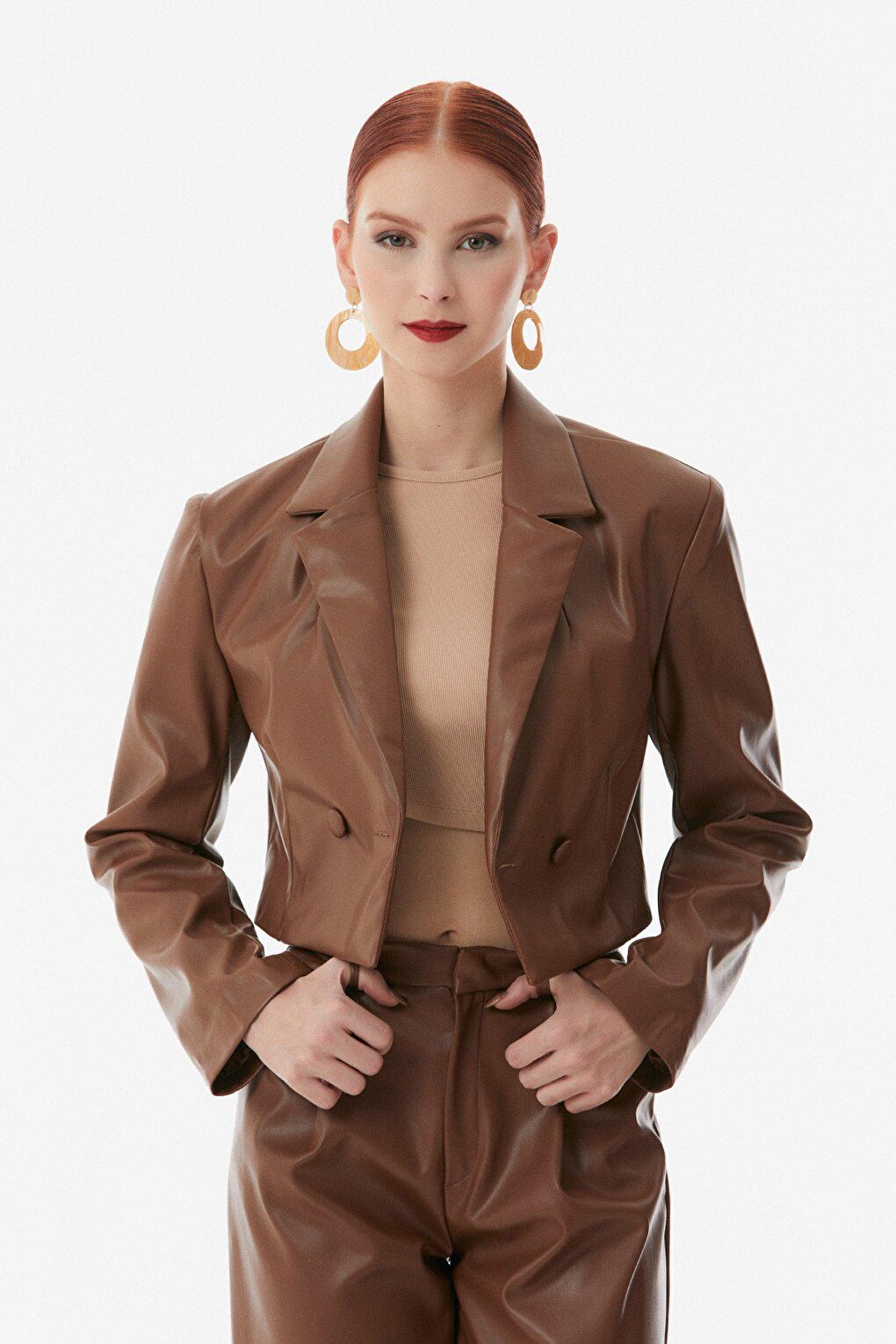 Faux Leather Double Breasted Crop Jacket