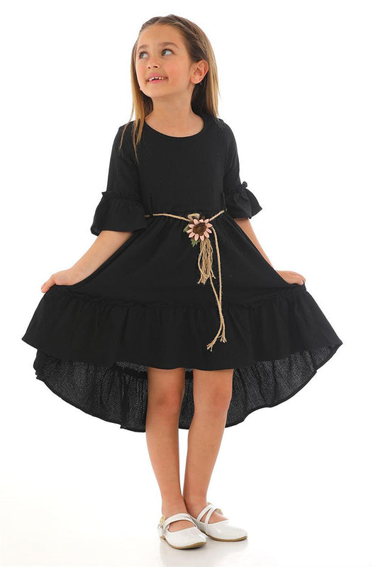 Girl's Black Colored Straw Belted Dress