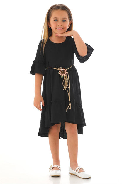 Girl's Black Colored Straw Belted Dress