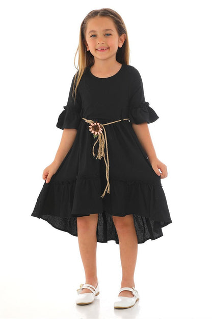 Girl's Black Colored Straw Belted Dress