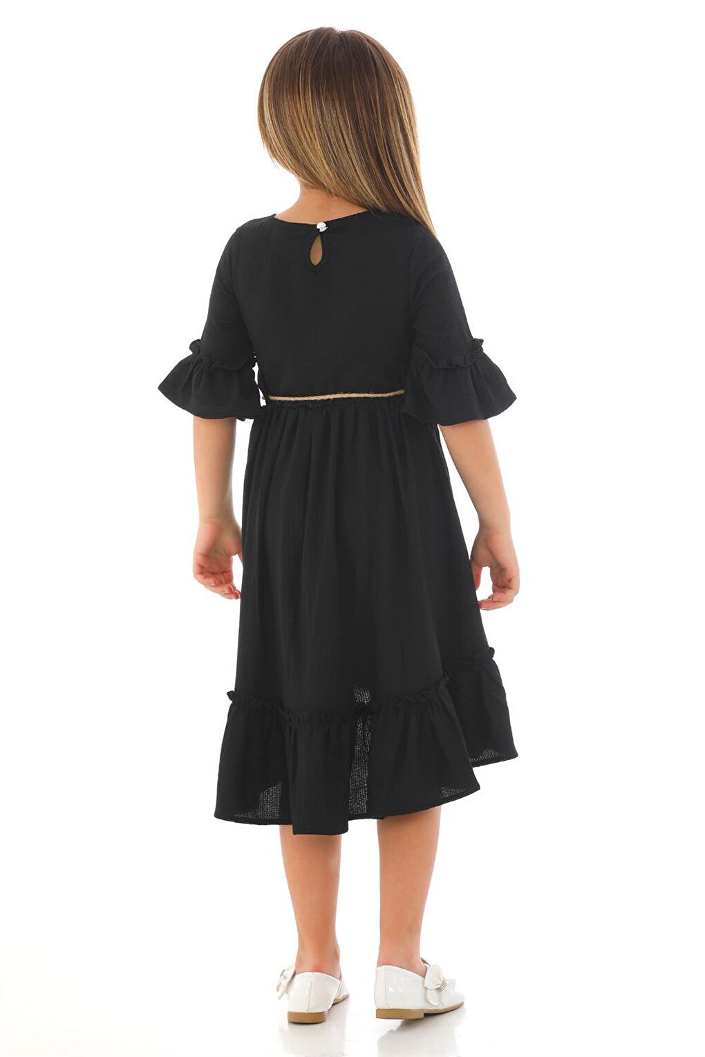 Girl's Black Colored Straw Belted Dress