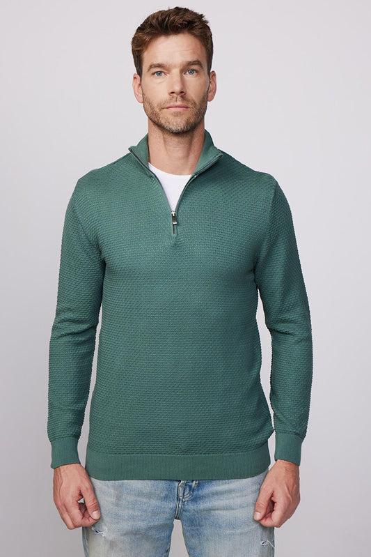 Slim Fit High Collar Zippered Green Men's Sweater