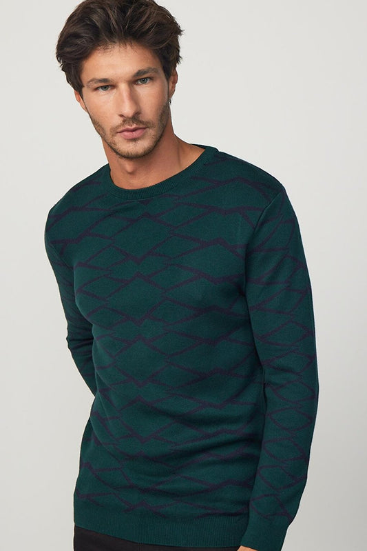 Slim Fit Narrow Cut Crew Neck Jacquard Green-Black Men's Knitwear Sweater