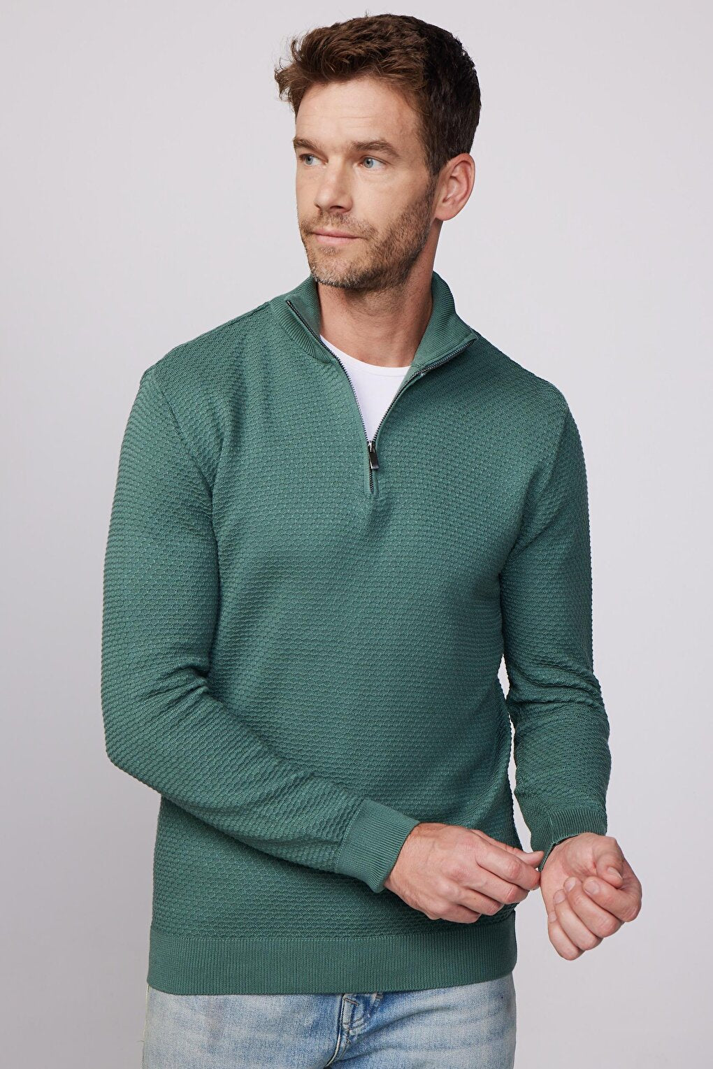 Slim Fit High Collar Zippered Green Men's Sweater