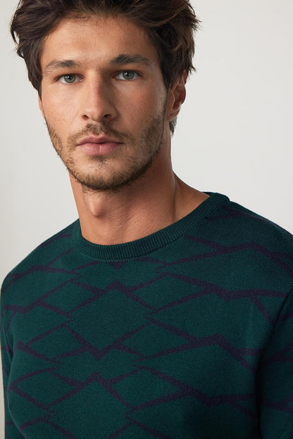 Slim Fit Narrow Cut Crew Neck Jacquard Green-Black Men's Knitwear Sweater