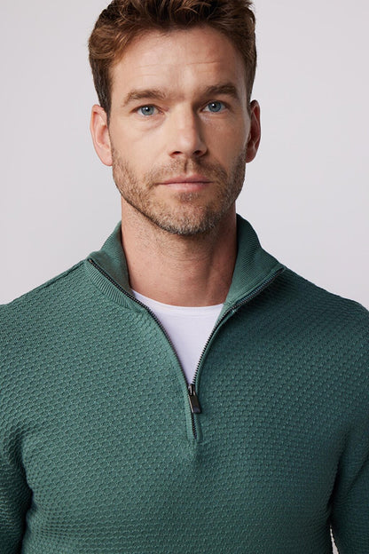 Slim Fit High Collar Zippered Green Men's Sweater