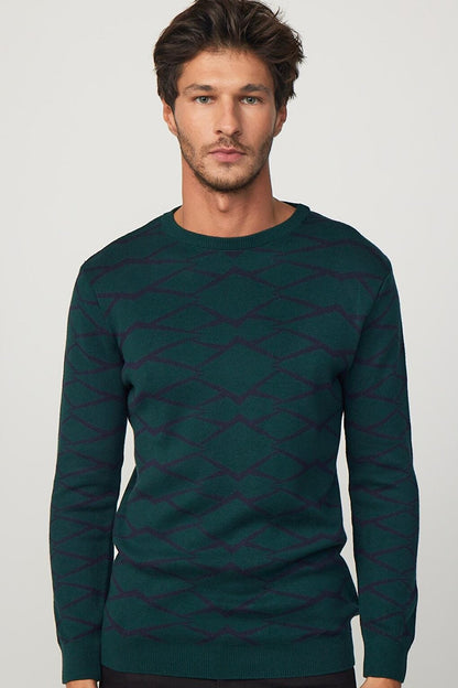 Slim Fit Narrow Cut Crew Neck Jacquard Green-Black Men's Knitwear Sweater