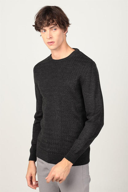 Slim Fit Crew Neck Self-Patterned Men's Gray Sweater