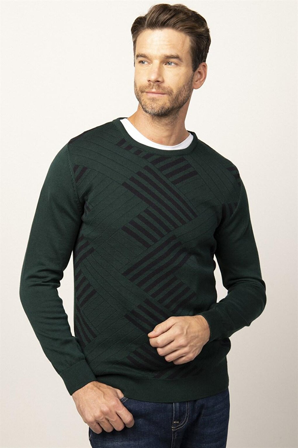 Slim Fit Crew Neck Patterned Men's Sweater