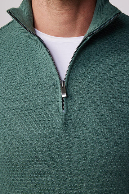 Slim Fit High Collar Zippered Green Men's Sweater