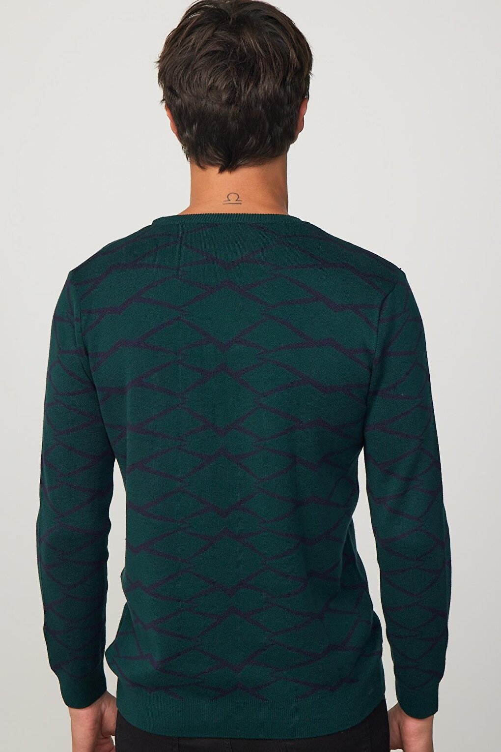 Slim Fit Narrow Cut Crew Neck Jacquard Green-Black Men's Knitwear Sweater