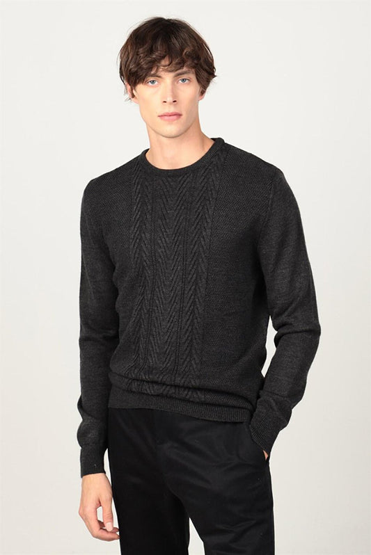 Slim Fit Crew Neck Front Patterned Men's Sweater