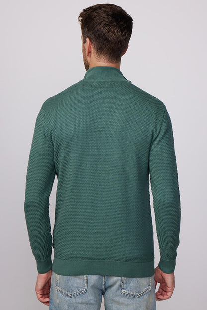 Slim Fit High Collar Zippered Green Men's Sweater