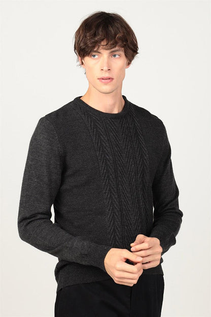 Slim Fit Crew Neck Front Patterned Men's Sweater