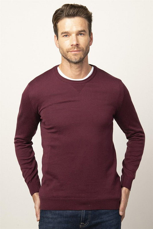 Slim Fit Crew Neck Men's Claret Red Sweater