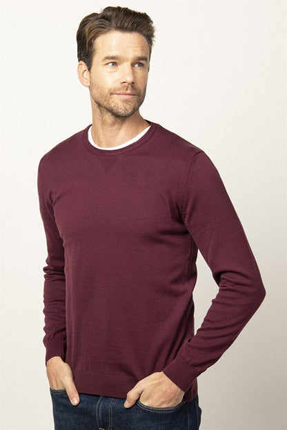 Slim Fit Crew Neck Men's Claret Red Sweater