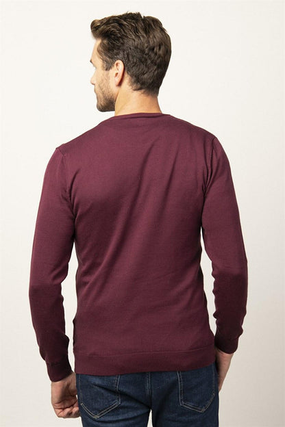 Slim Fit Crew Neck Men's Claret Red Sweater