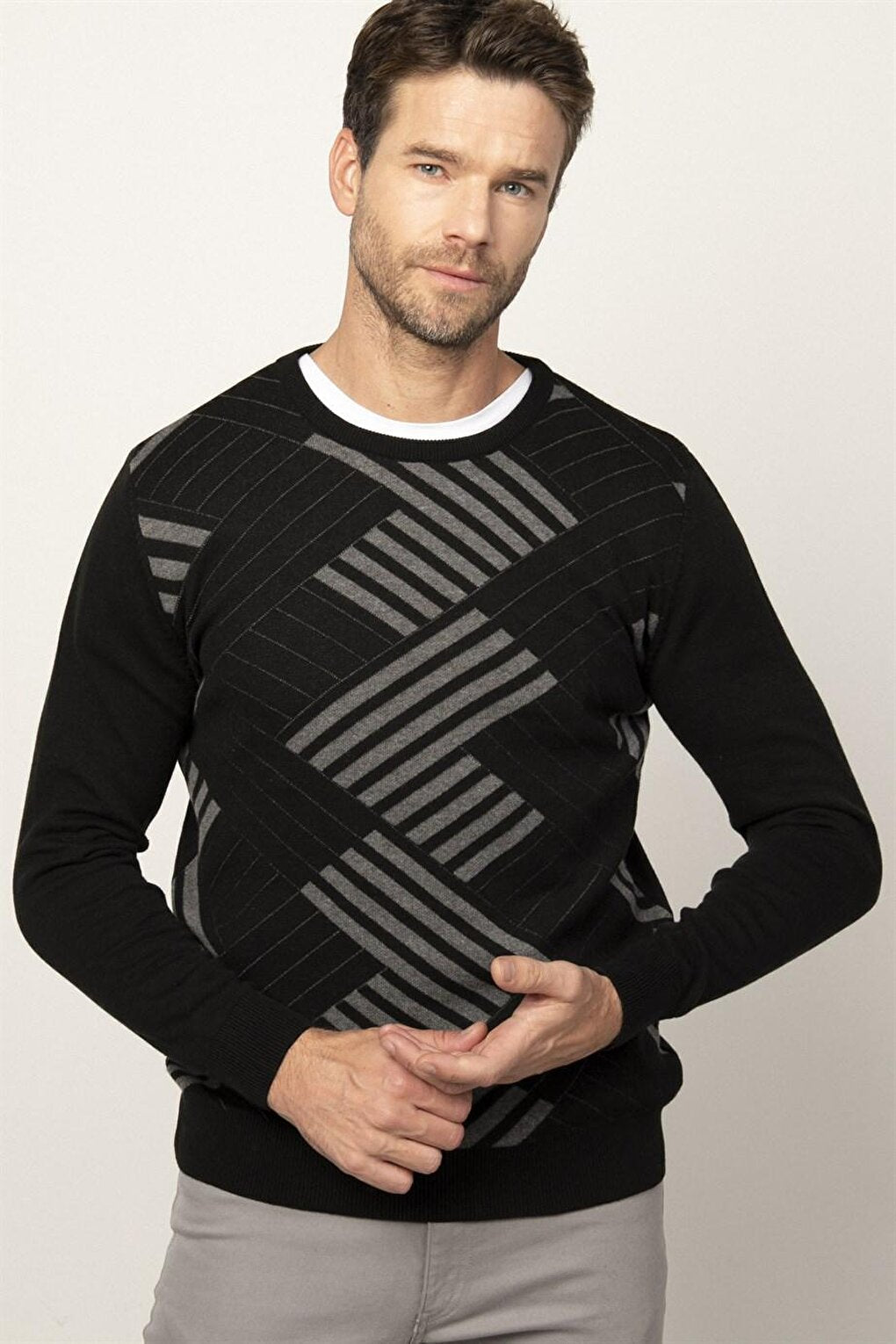 Slim Fit Crew Neck Patterned Men's Sweater