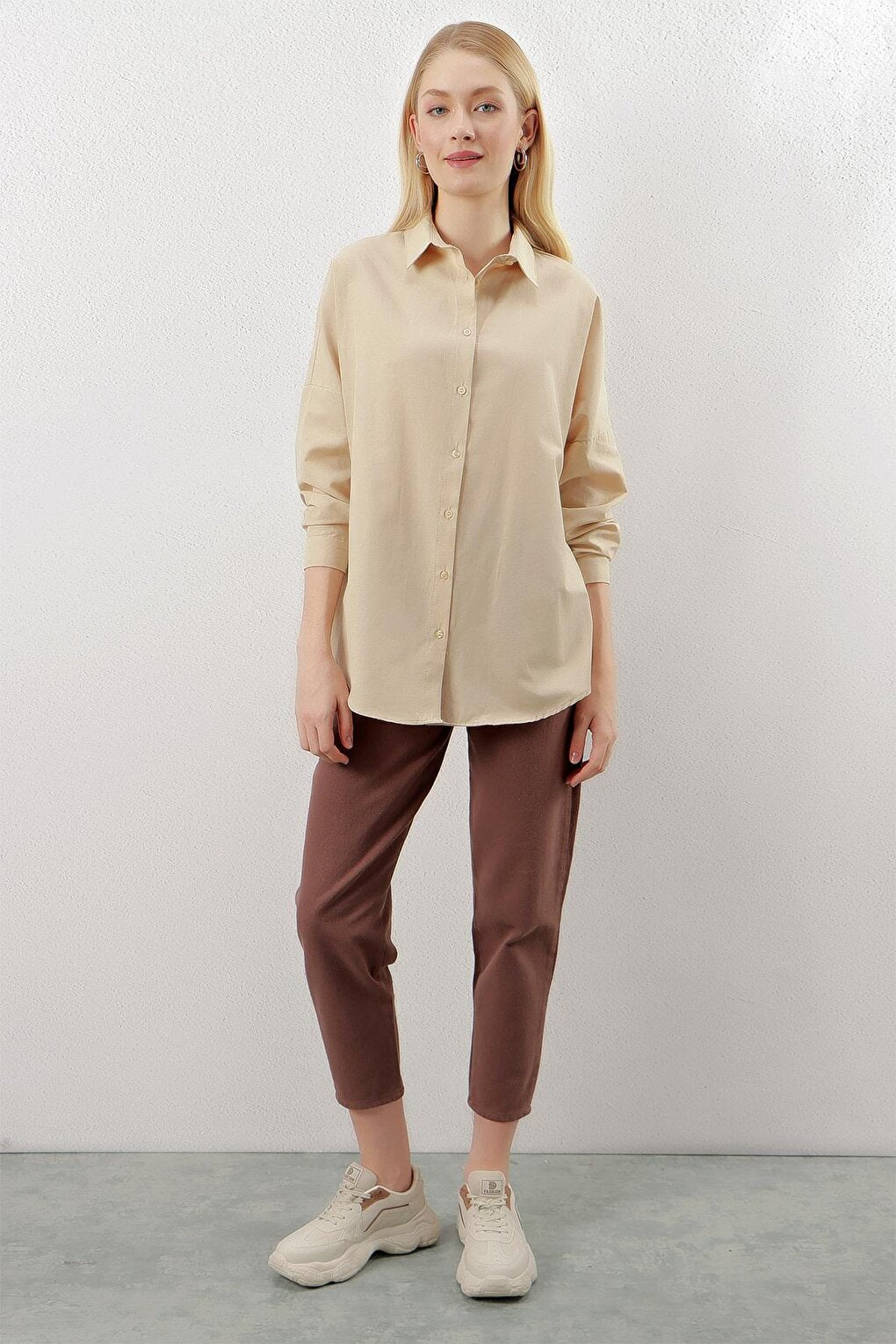 Beige Plain Plain Araboy Basic Oversize Shirt