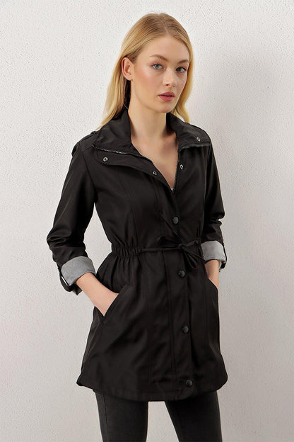 Black Zippered Waist Drawstring Trench Coat with Sleeve Cuffs