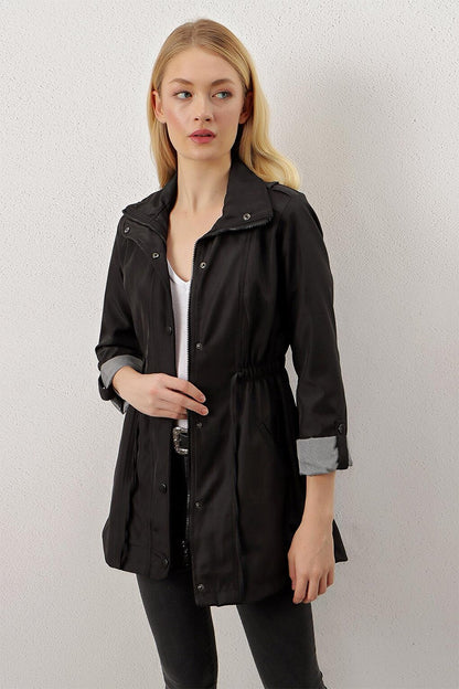 Black Zippered Waist Drawstring Trench Coat with Sleeve Cuffs