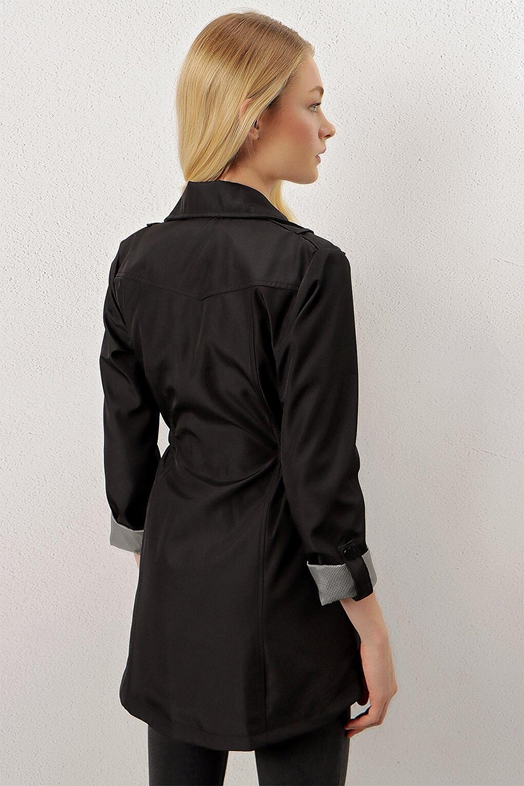 Black Zippered Waist Drawstring Trench Coat with Sleeve Cuffs