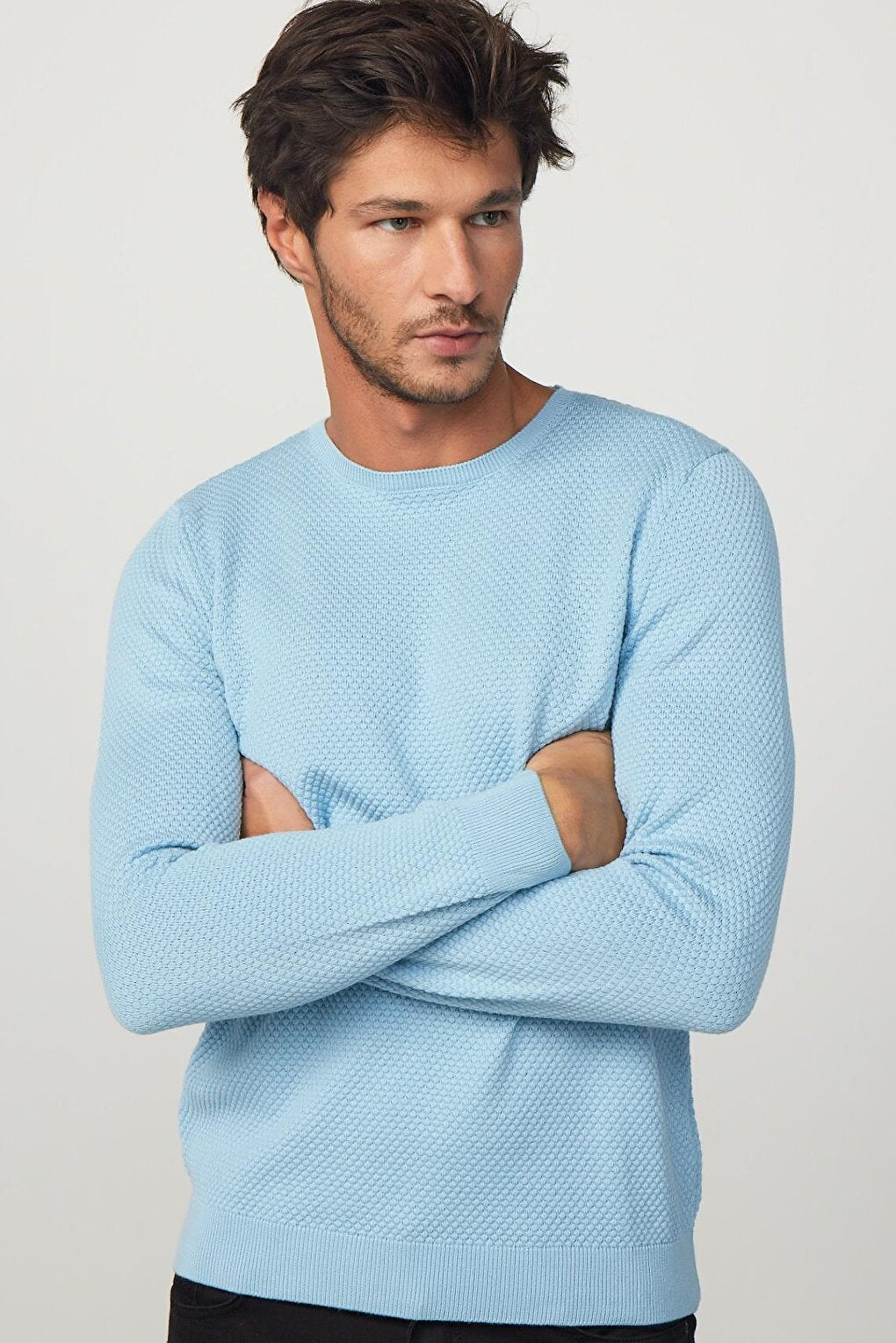 Slim Fit Crew Neck Honeycomb Patterned Blue Men's Knitwear Sweater