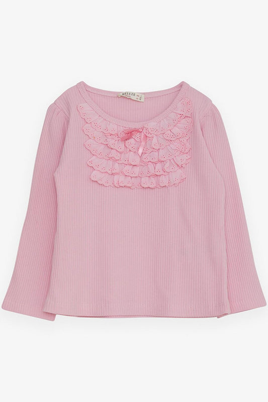 Girl's Long Sleeve Blouse Pink with Laced Bow (Age 3-8)