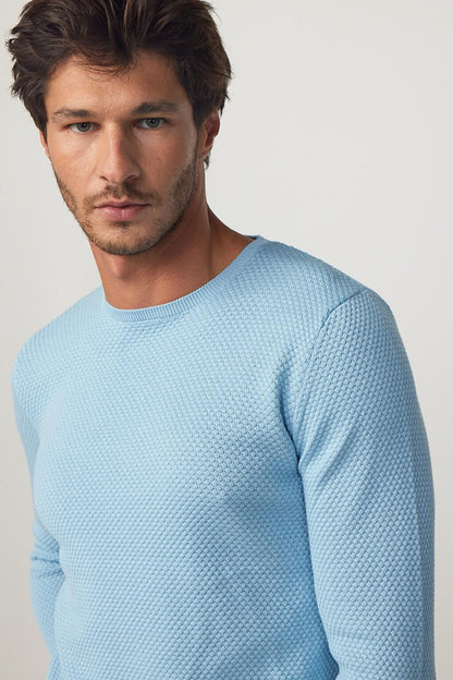 Slim Fit Crew Neck Honeycomb Patterned Blue Men's Knitwear Sweater